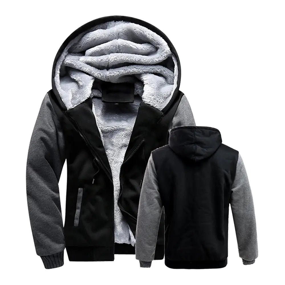 Men's hooded winter jacket with thick fleece lining, black body and gray sleeves; front and back views