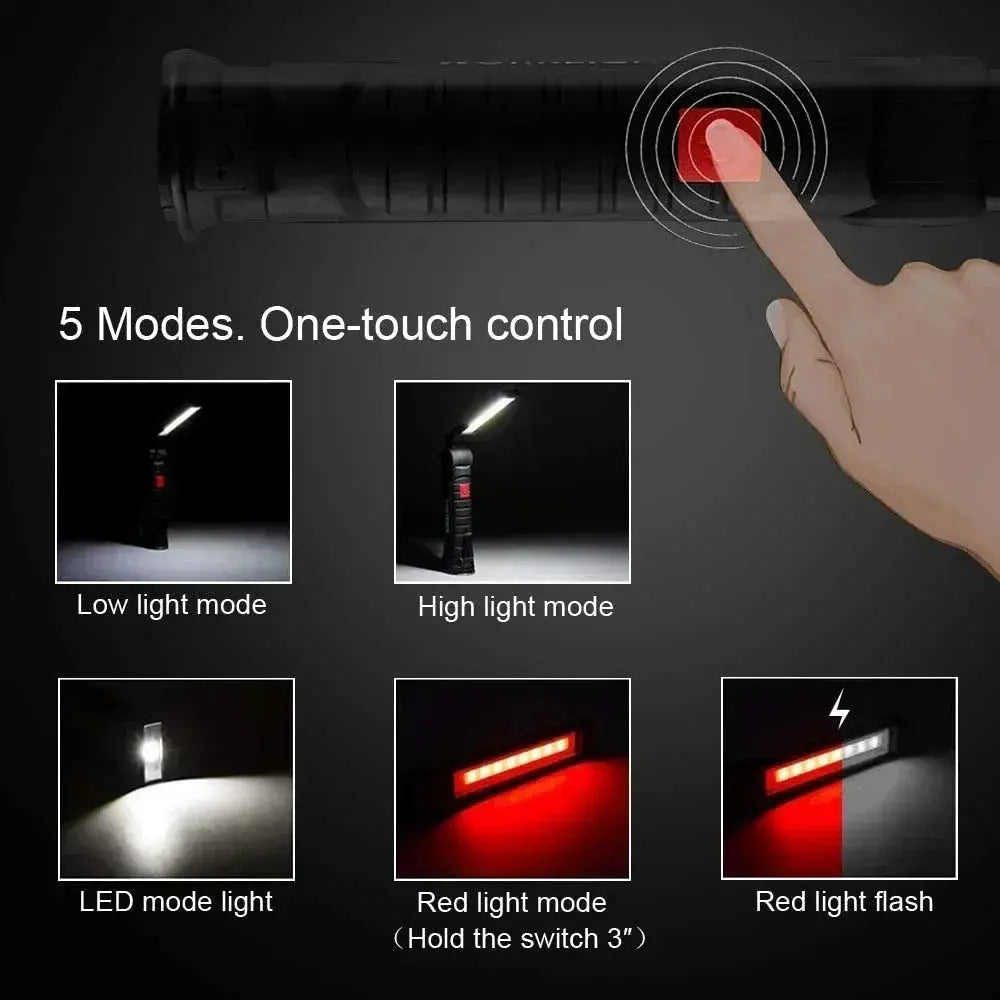 Simples Market black portable COB LED work light with magnetic hook, USB rechargeable 18650 torch