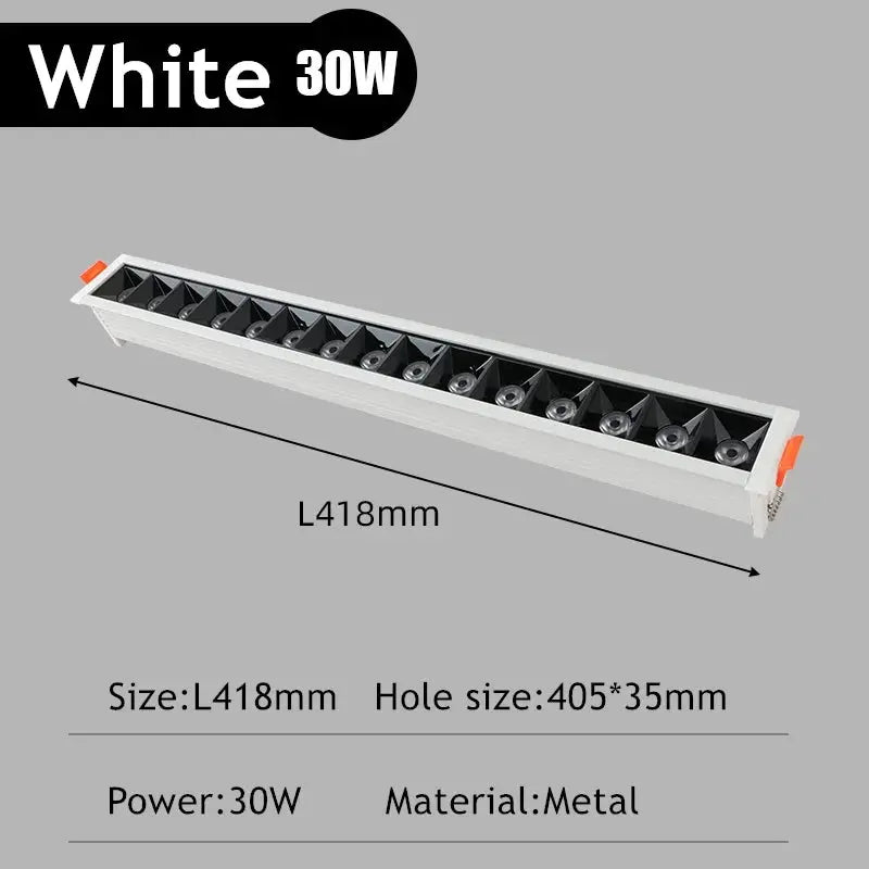 Simples Market white LED linear recessed downlight, 30W, metal grille, 418mm long