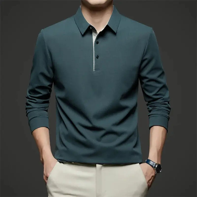 New Men's Business Casual Long Sleeve Solid Color Polo Shirt by Simples Market, teal