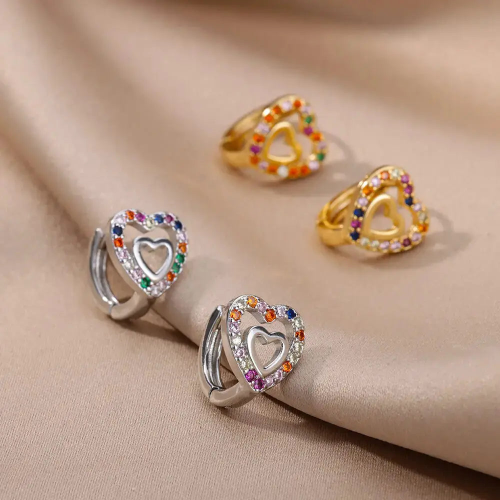 Hollow Zircon Heart Earrings For Women Stainless Steel Gold Color Jewelry Gift Free Shipping Luxury Wedding Accessory