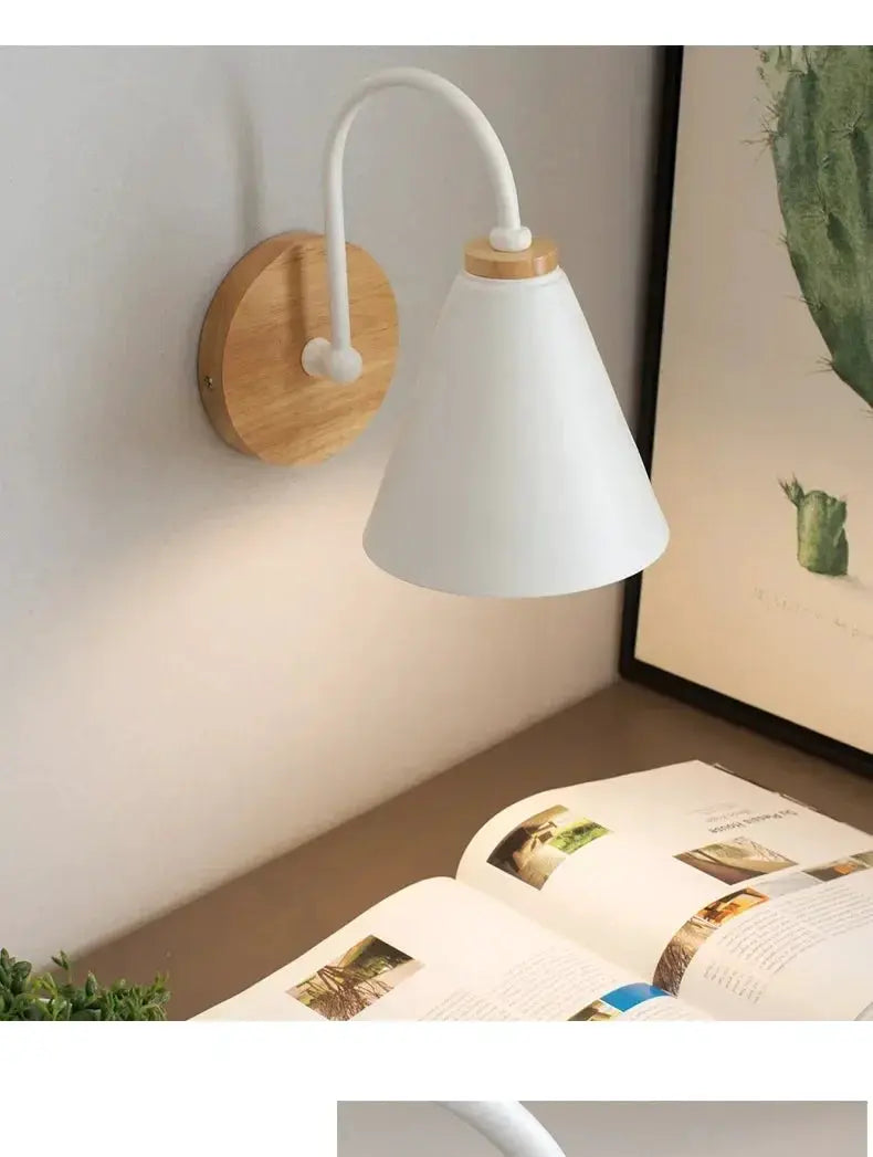 Nordic wall sconce with white conical shade and wooden round backplate for bedroom or living room lighting