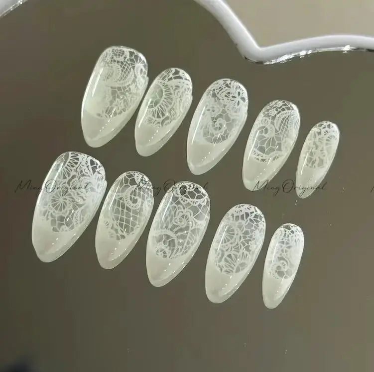 Nail transfer decals with white lace floral full-wrap designs for clear nails