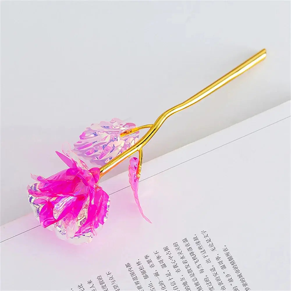 18cm 24k golden foil rose on a metallic gold stem with pink petals, decorative gift flower