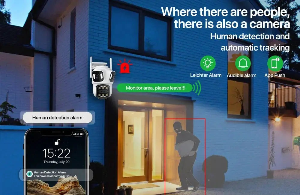 WONSDAR three-lens outdoor IP camera with Simples Market branding, WiFi PTZ with auto-tracking, mounted on a house.