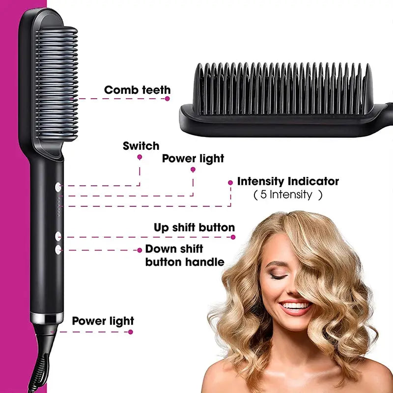 Simples Market electric PTC heat straightening brush, black 3-in-1 ceramic flat iron comb and curling tool