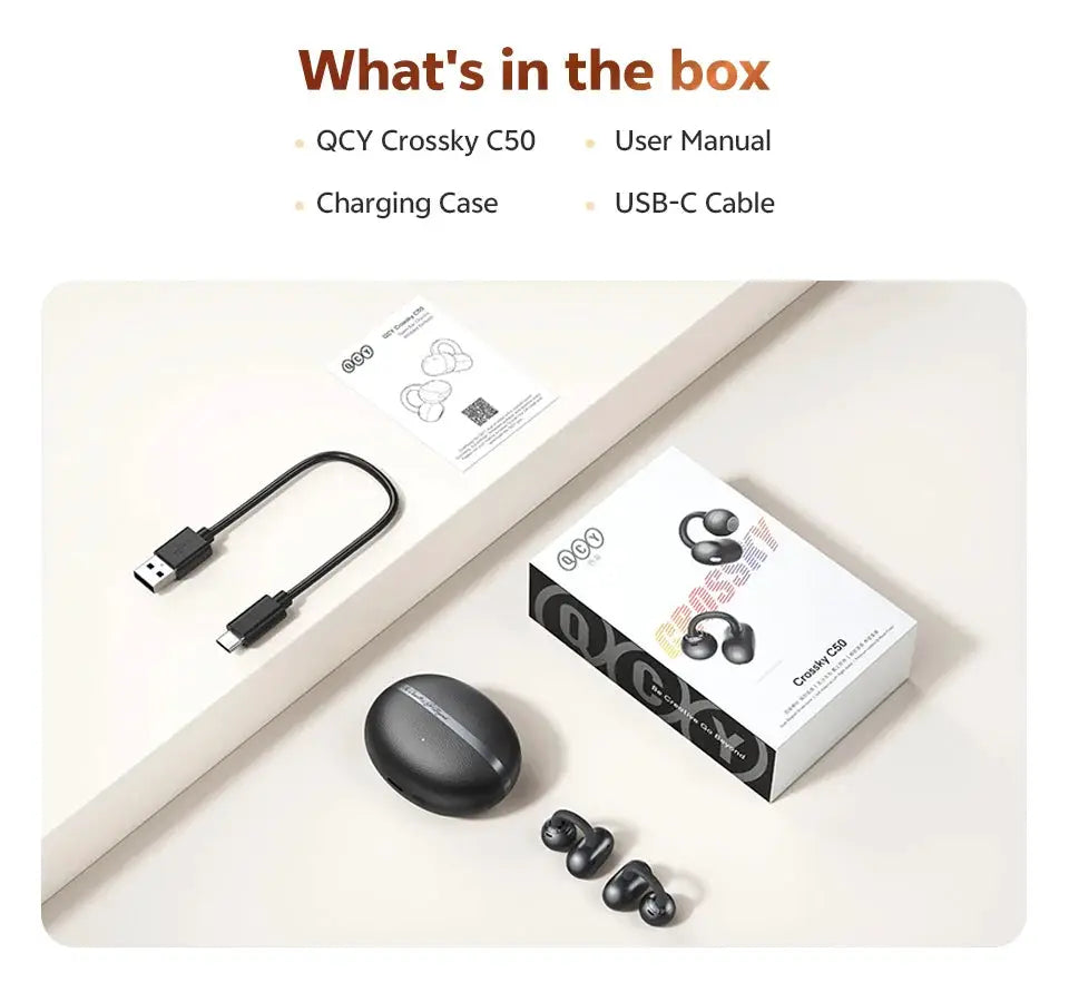 QCY Crossky C50 open-ear wireless earbuds with charging case, black; USB-C cable and box included