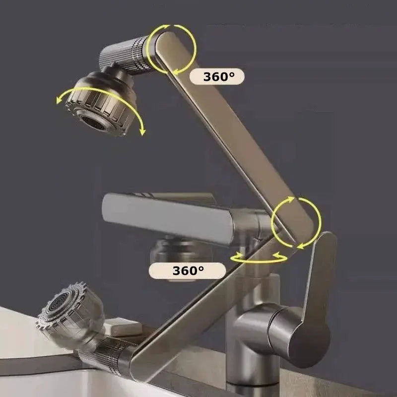 Simples Market dual-mode rotating faucet robotic arm for basin; chrome finish with 360° swiveling joints