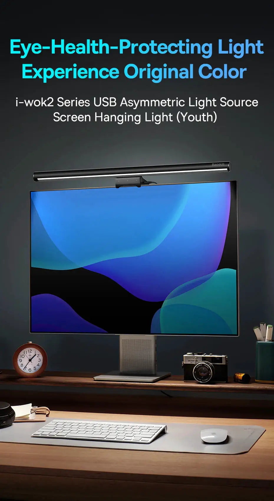 Baseus Screen Light Desk Lamp, black USB hanging light above a monitor on a tidy desk