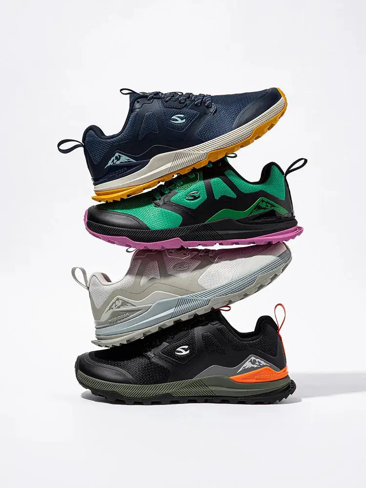 HOBIBEAR unisex hiking shoes in navy, green, gray and black colorways with synthetic leather overlays