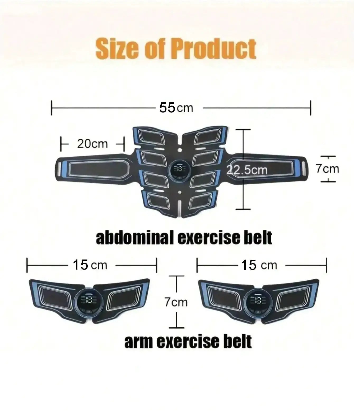 Simples Market USB rechargeable abdominal muscle trainer belt set with waist and two arm belts in black and blue.