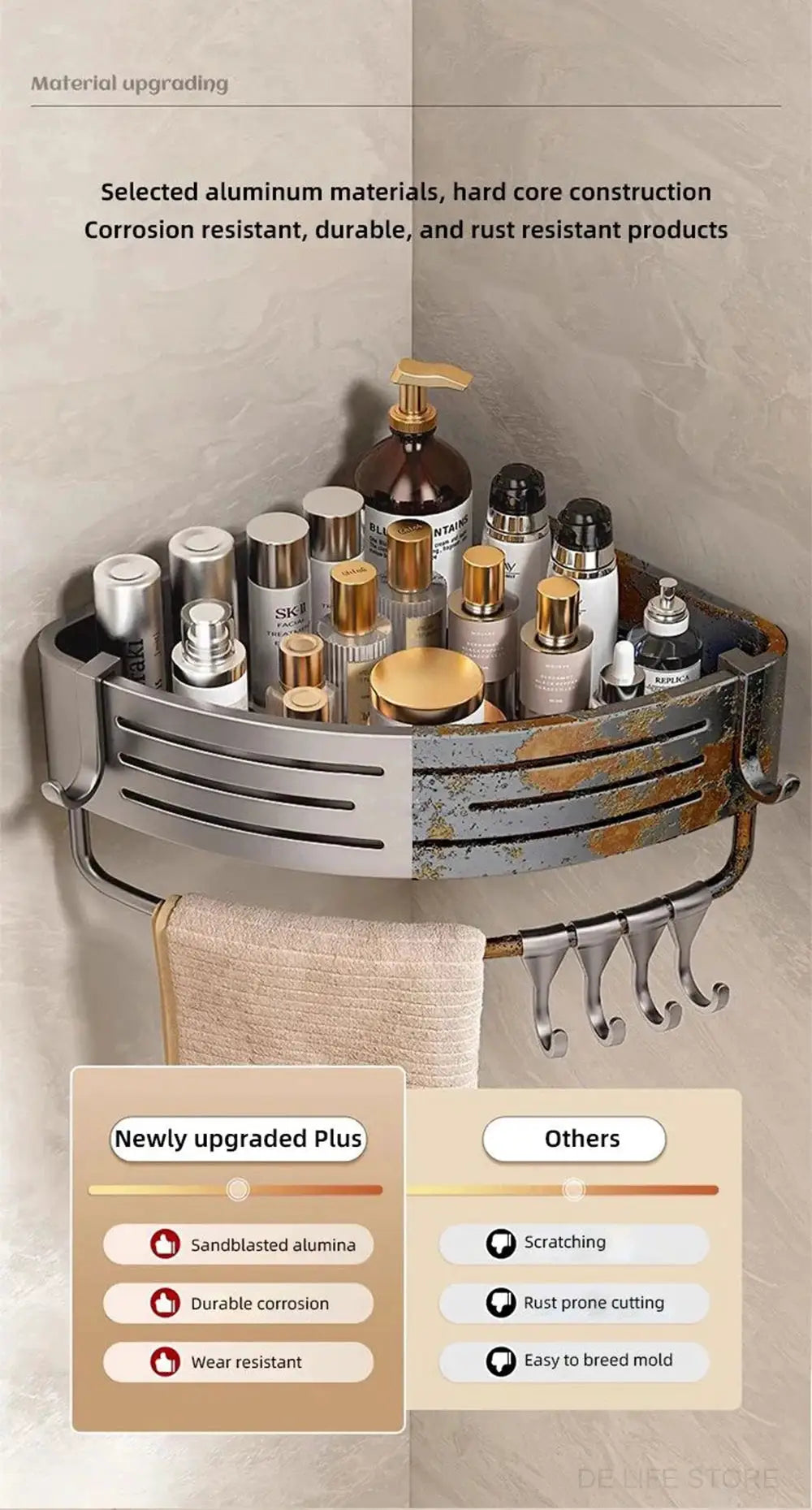 Bathroom corner shelf with towel bar and plastic hooks, space aluminum construction, silver finish