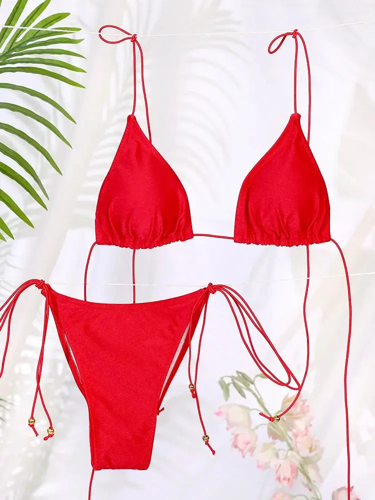 ZRTAK red bikini set with triangle top and string-tie bottoms by Simples Market
