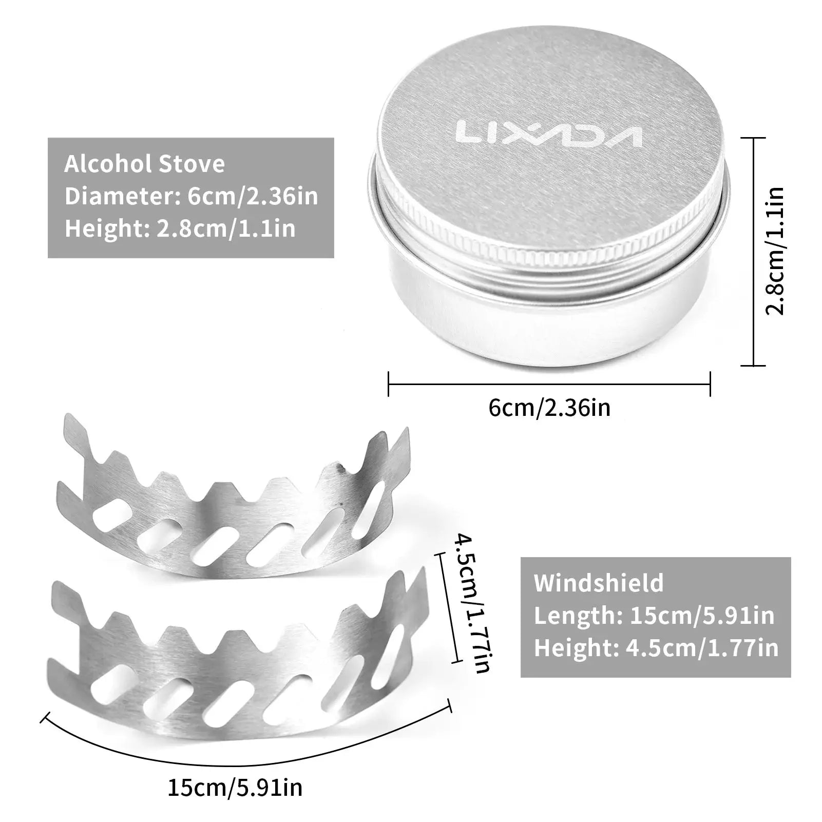 Alcohol stove 40ml aluminum burner with stainless windshield; compact camp stove by LIXADA.