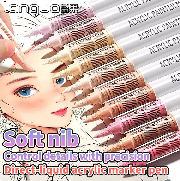 Languo 9-color acrylic paint marker pen set with soft brush tips for drawing and journaling