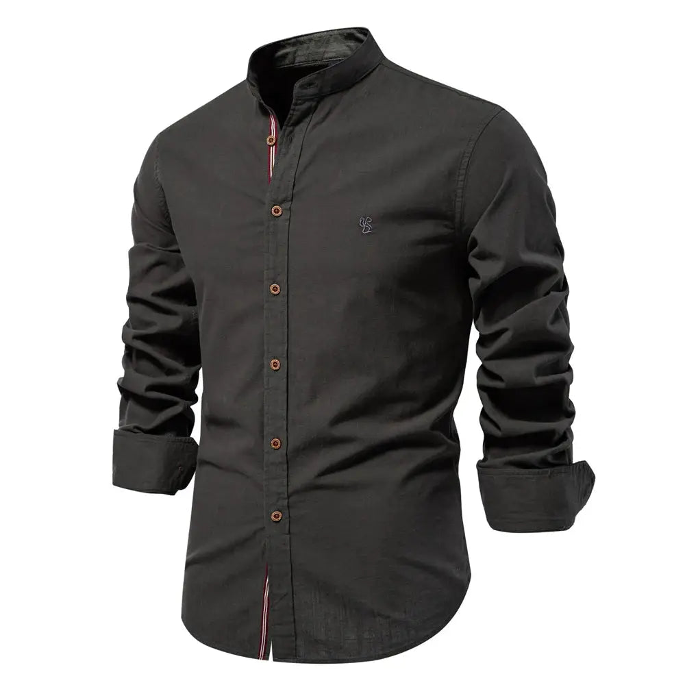 Men's 100% cotton long-sleeve shirt in charcoal with brown buttons and Simples Market logo