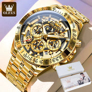 OLEVS men's gold skeleton chronograph watch with stainless steel bracelet and tachymeter bezel
