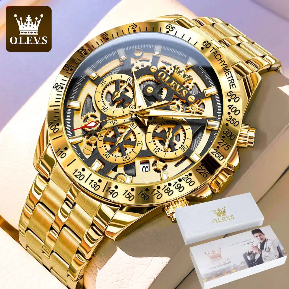 OLEVS men's gold skeleton chronograph watch with stainless steel bracelet and tachymeter bezel