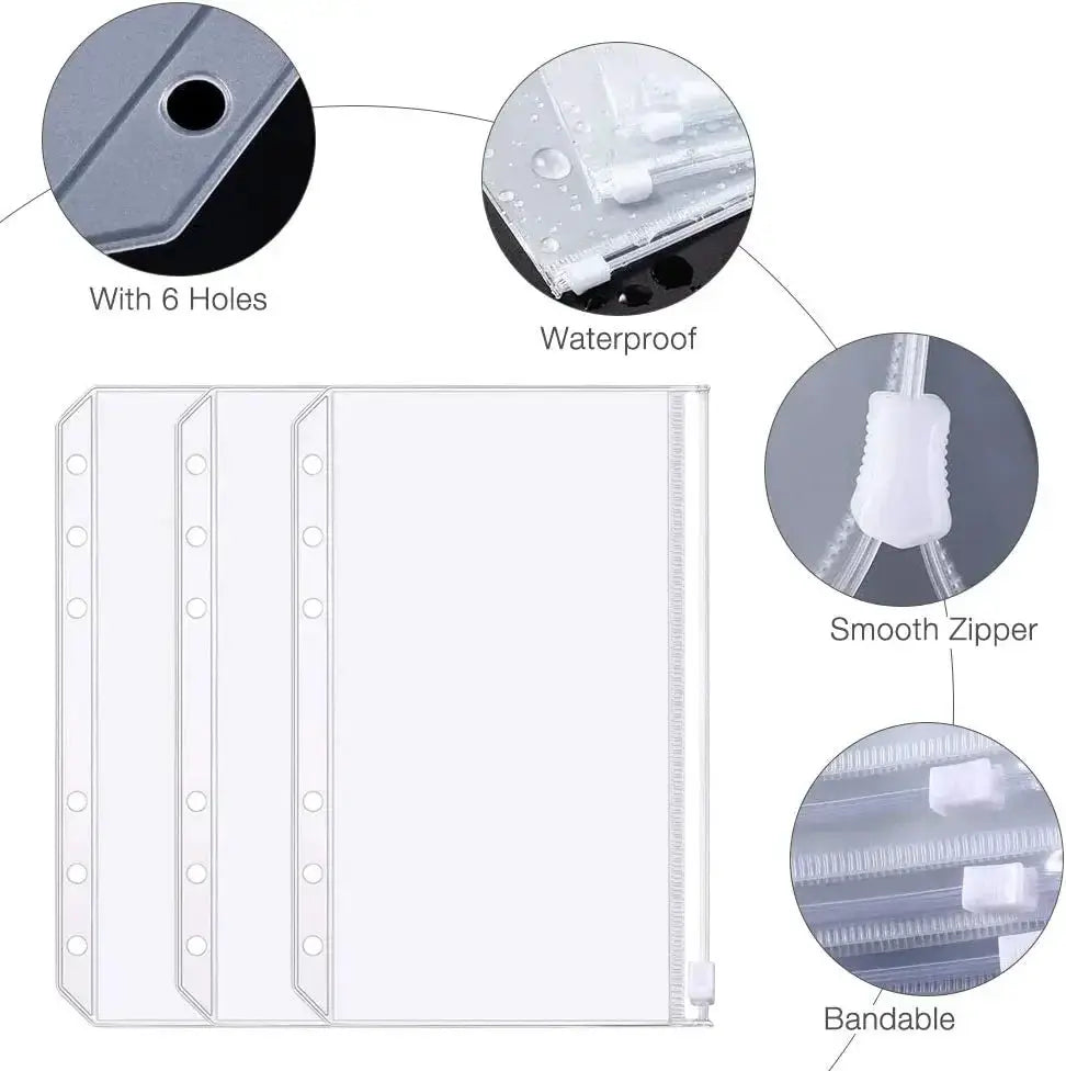 Simples Market A6 6-hole binder pockets, 4-pack, waterproof PVC zipper binder pouches for notebooks and planners
