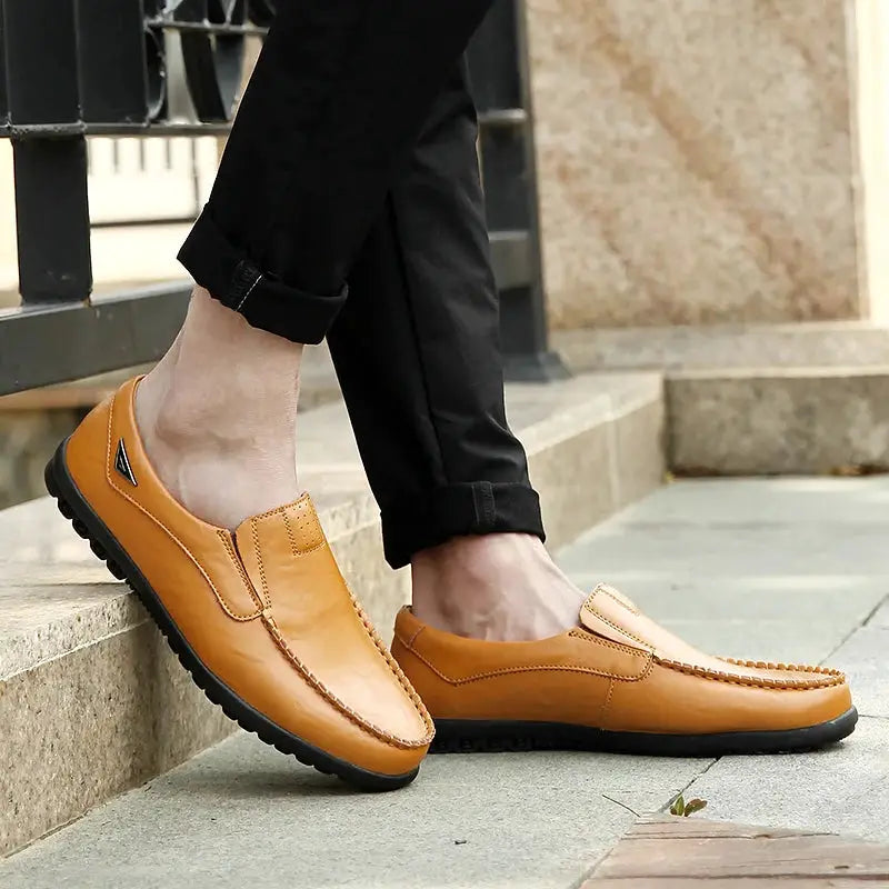 Men's tan genuine leather loafers with black sole; slip-on driving shoes by Simples Market