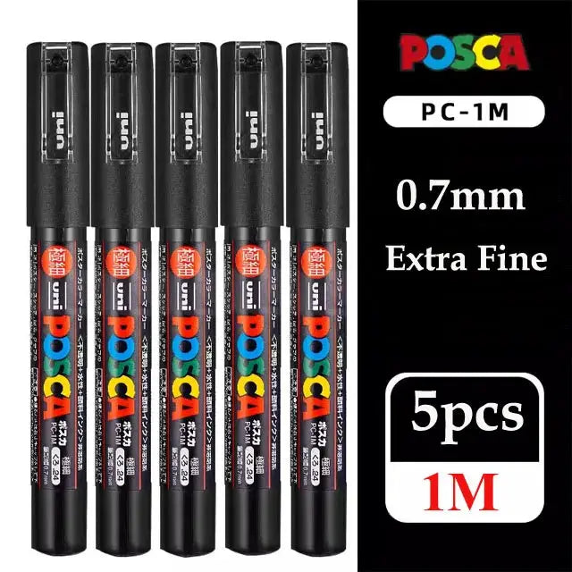 Uni Posca paint marker pens set PC-1M PC-3M PC-5M, 5pcs, black bodies