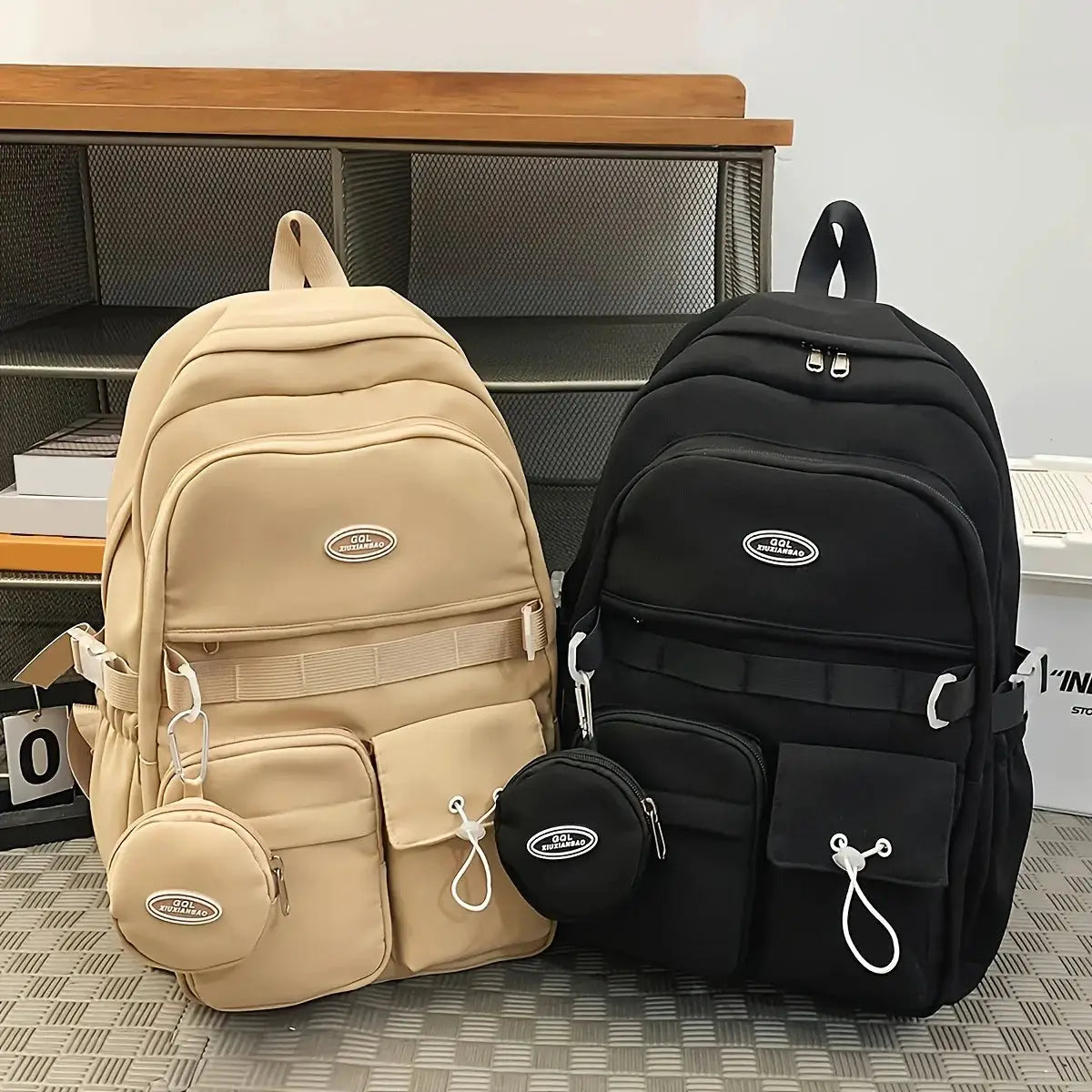 Simple Large Capacity Sports Travel Backpack beige and black with multiple pockets, set of backpacks
