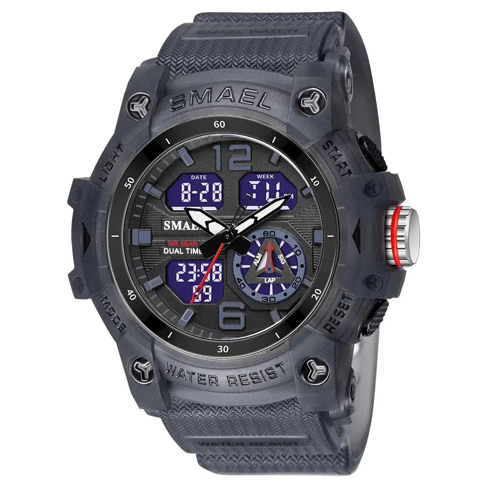 SMAEL gray sport military wristwatch for men with LED display, backlight, dual time, alarm, stopwatch, water resistant