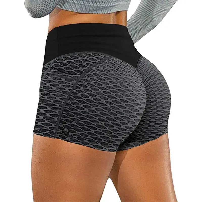 High waist hip-lifting shorts, seamless knit in grey/black mesh, Simples Market fitness shorts