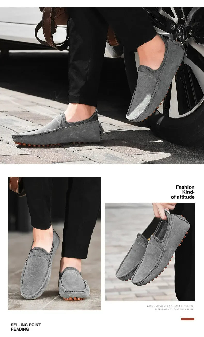Men's gray suede driving loafers by Simples Market, casual handmade shoes for comfortable outdoor walking