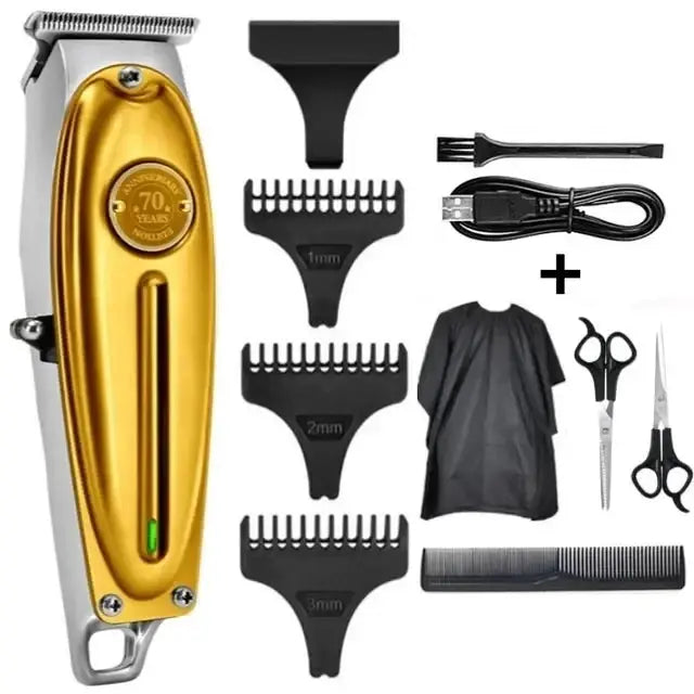 Kemei KM-TX1 hair clipper with gold metal body; includes 3 guide combs (1–3 mm), USB charging cable, cape, scissors, and a styling comb.