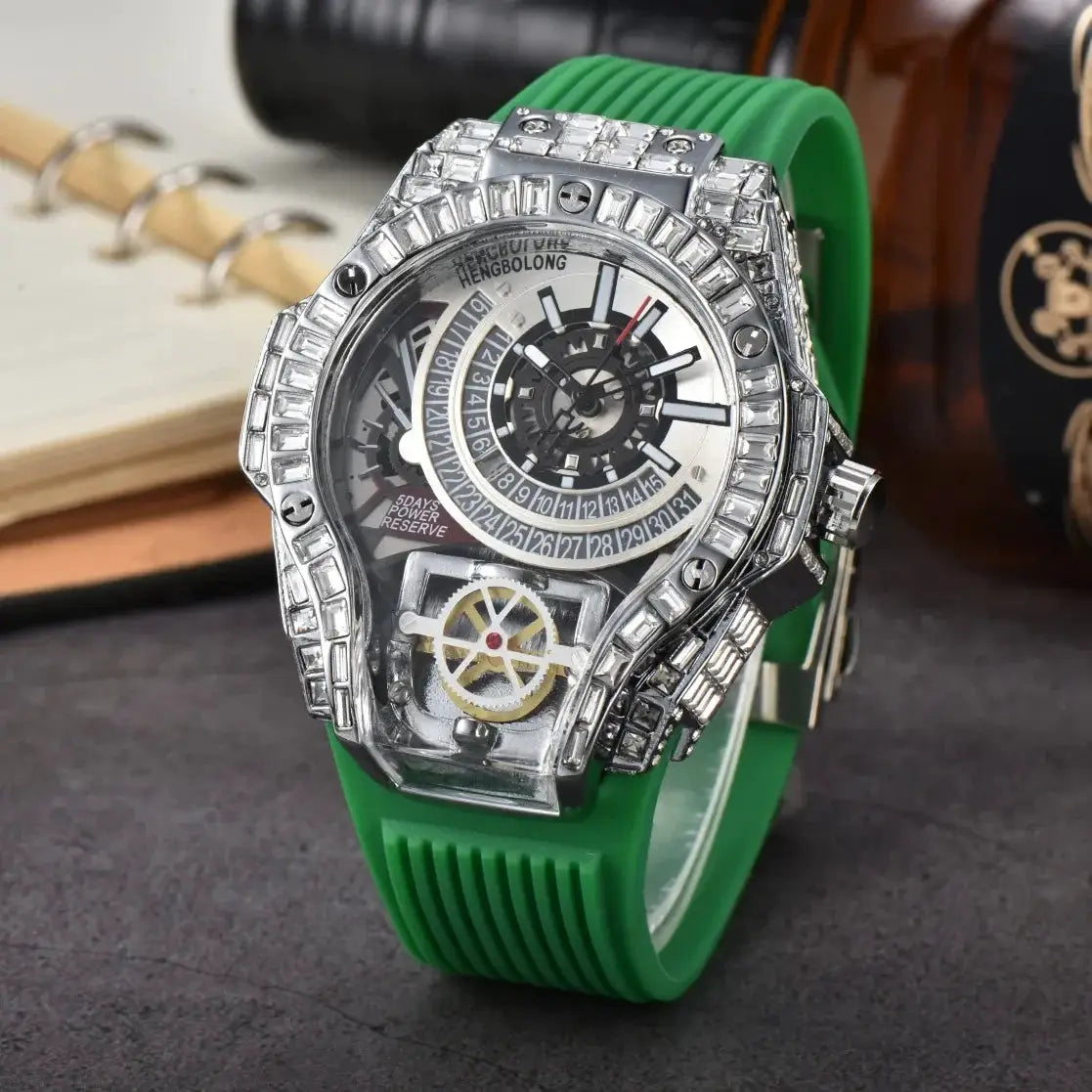 Men's luxury diamond-studded watch with green rubber strap and skeleton dial.