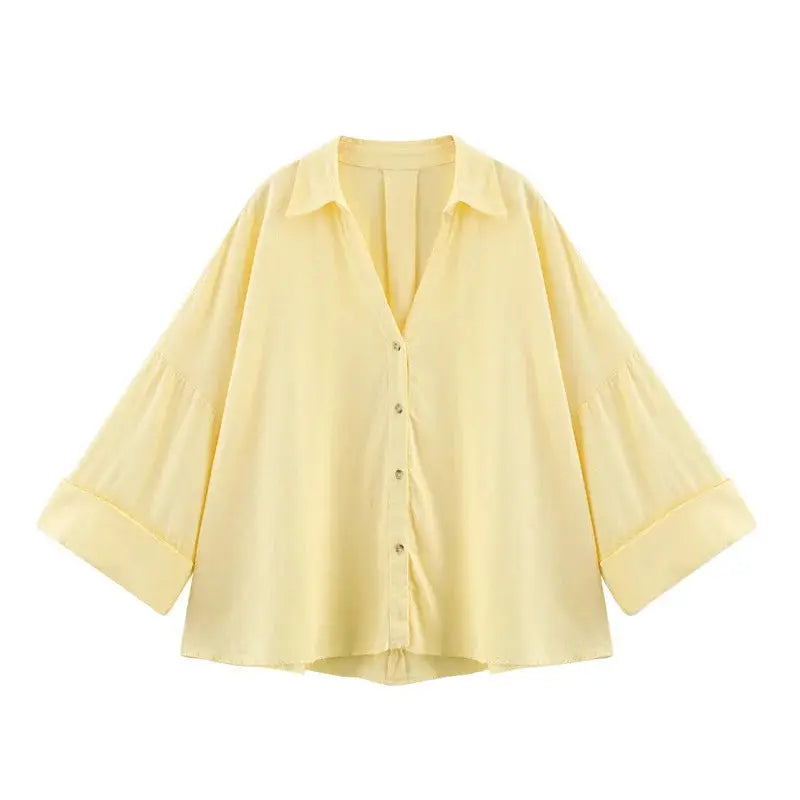 Women's pale yellow casual loose shirt with collar, button-down front and wide balloon sleeves