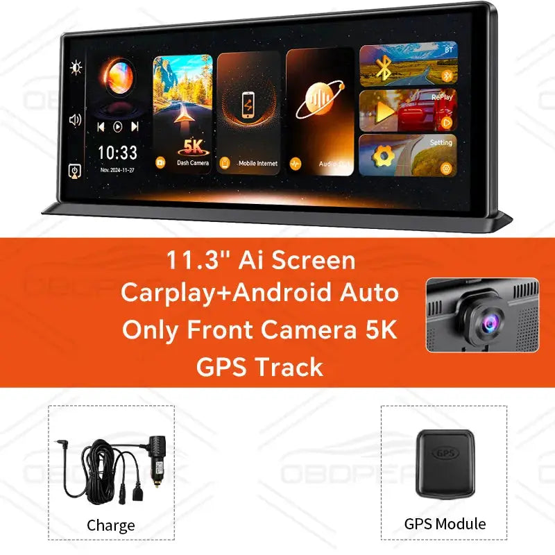 OBDPEAK K8 Pro Dash Cam with 11.3-inch AI touchscreen, CarPlay & Android Auto, front 5K rear 1080P, GPS module & charger