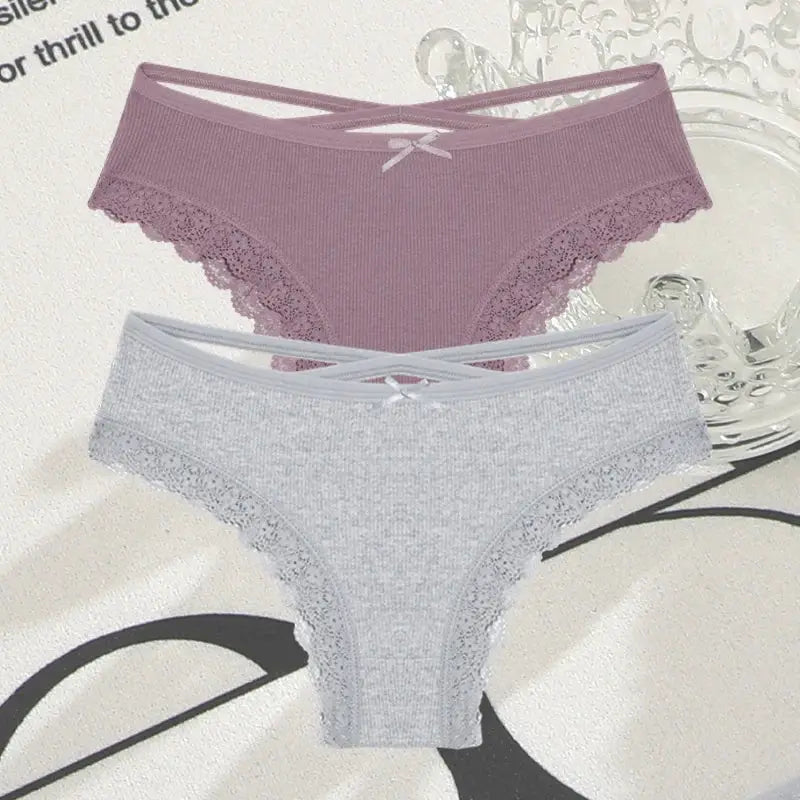 2-pack women's cotton lace Brazilian briefs, low-rise with cross-strap waistband in purple and gray