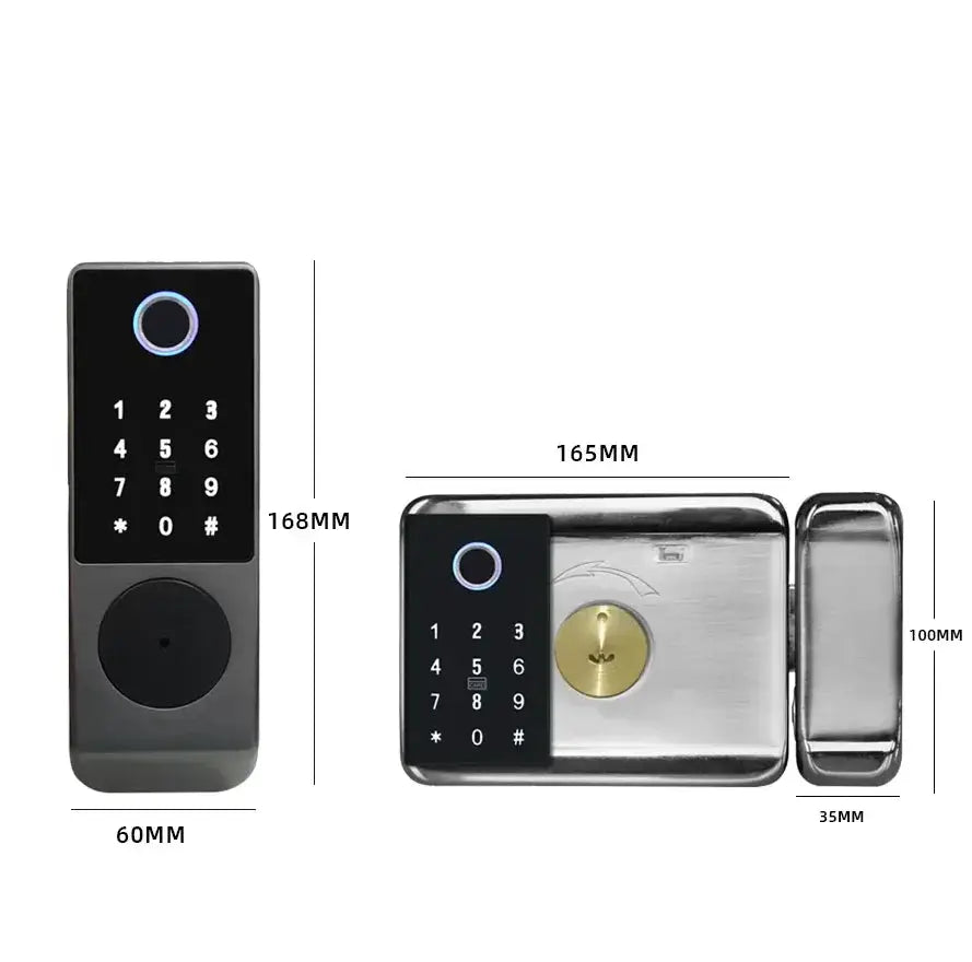 Fingerprint smart door lock by Simples Market with keypad and fingerprint scanner on stainless steel body.