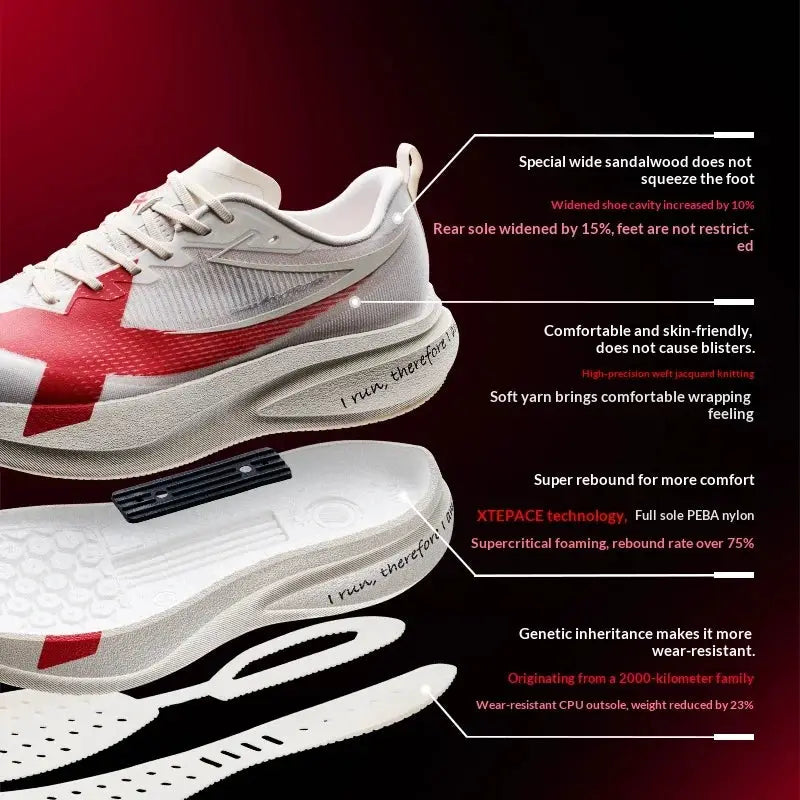 XTEP 2000km PRO men's running sneakers, white with red accents, cushioned lightweight stability shoe.