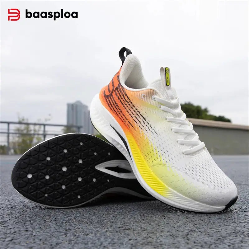 Baasploa men's running sneakers, white with orange-yellow gradient, breathable upper and black patterned outsole.