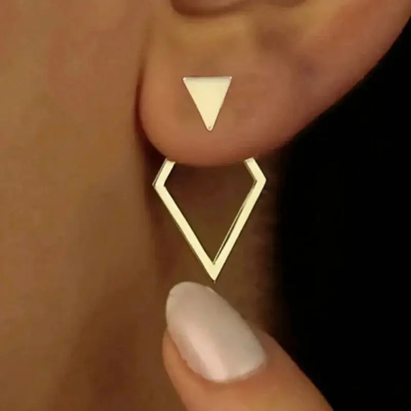Geometric earrings by Simples Market: two-piece gold-tone triangle stud with hollow diamond-shaped drop