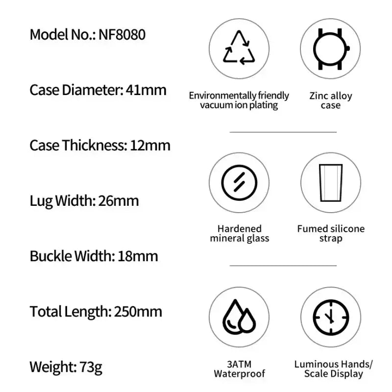 NAVIFORCE men's chronograph watch NF8080, silicone strap, luminous hands, 3ATM waterproof