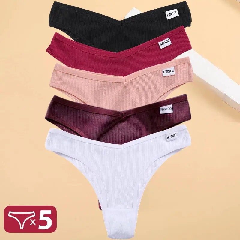 5-pack cotton panties by Finetoo in black, magenta, blush pink, burgundy, and white