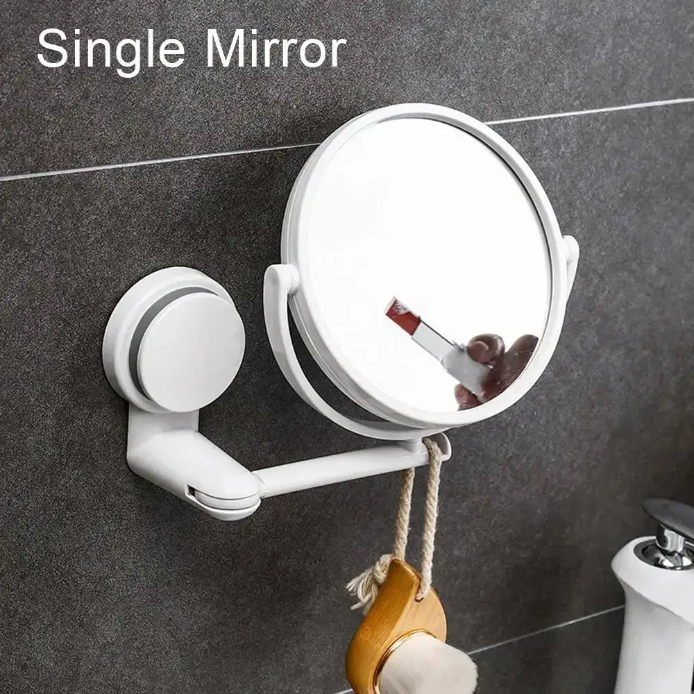 Round rotating folding vanity mirror with vacuum suction mount, white plastic