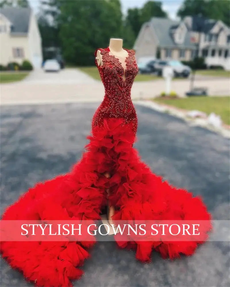 Red Long Prom Dress Beaded Crystal Mermaid Gown Customized High Slit
