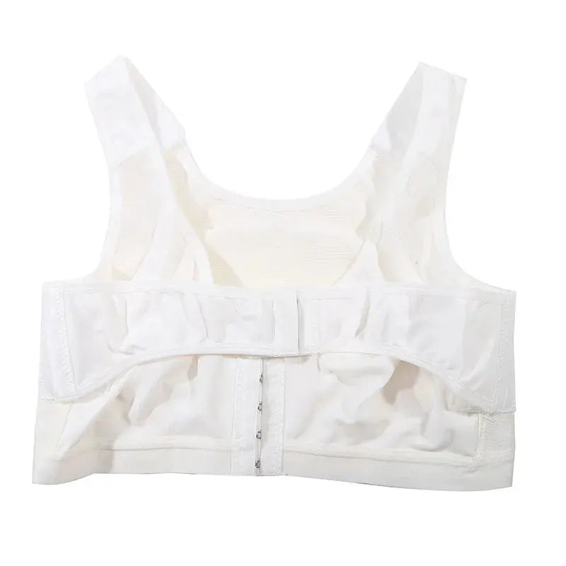 White post-surgery breast support bra with front closure and wide band