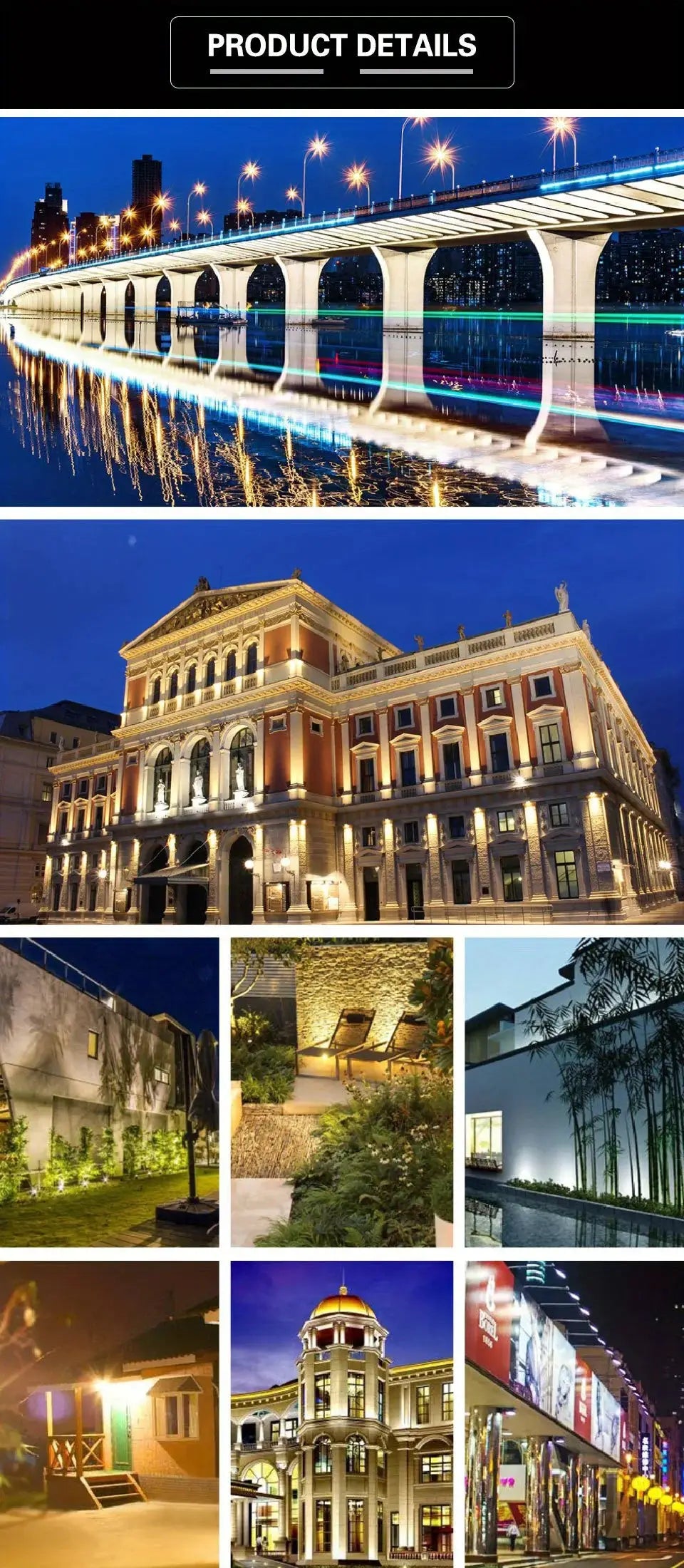 Waterproof IP67 LED Flood Light by Simples Market, 10–150W AC220V; collage of outdoor garden and architectural lighting.