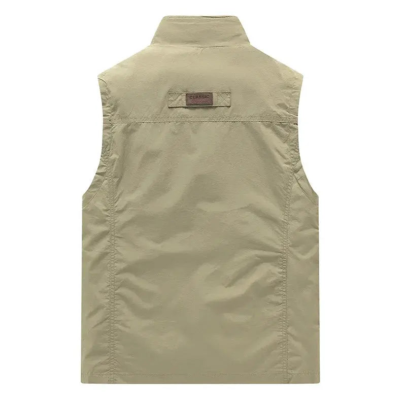 Men's beige waistcoat vest for outdoor leisure, sleeveless solid color with back label patch