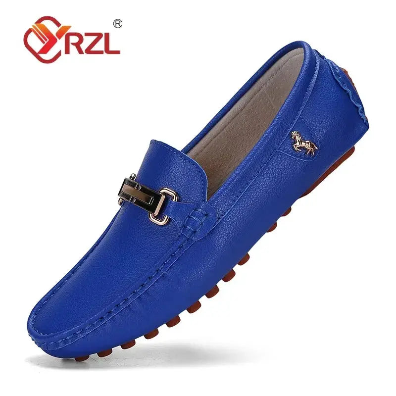 YRZL blue men's PU leather loafer with metal buckle, driving moccasin style, textured sole