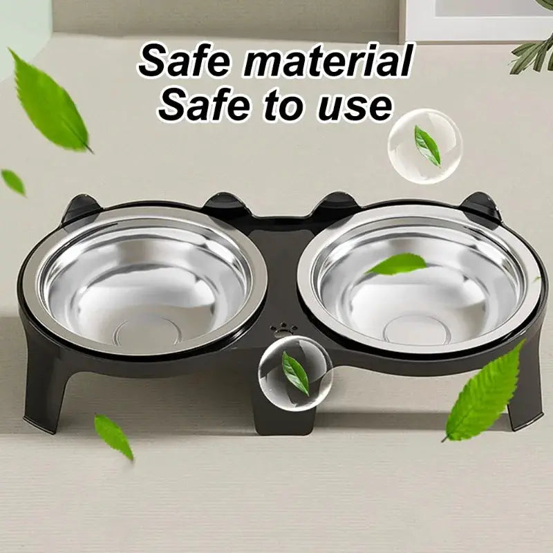 Two stainless steel cat food and water bowls in an anti-tip stand, large-capacity feeding set