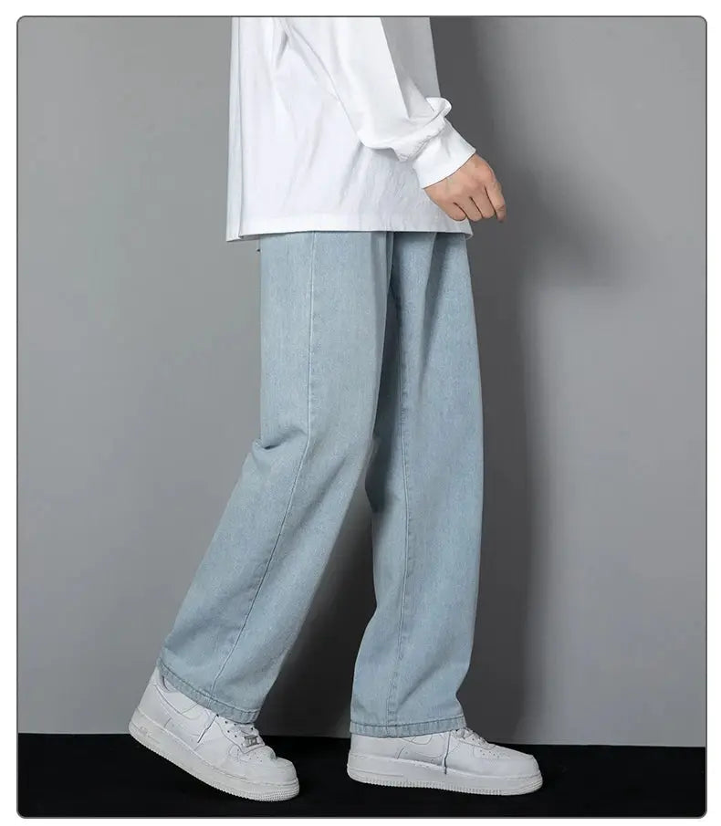 Simples Market men's light blue denim wide-leg straight jeans