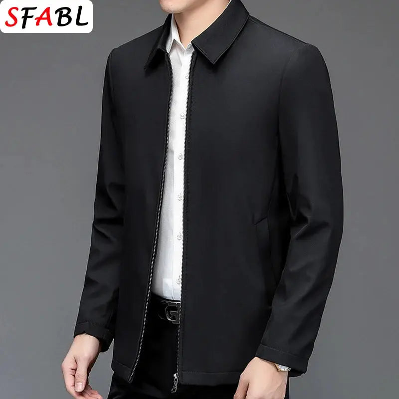 Men's SFABL black zip-front casual business blazer.