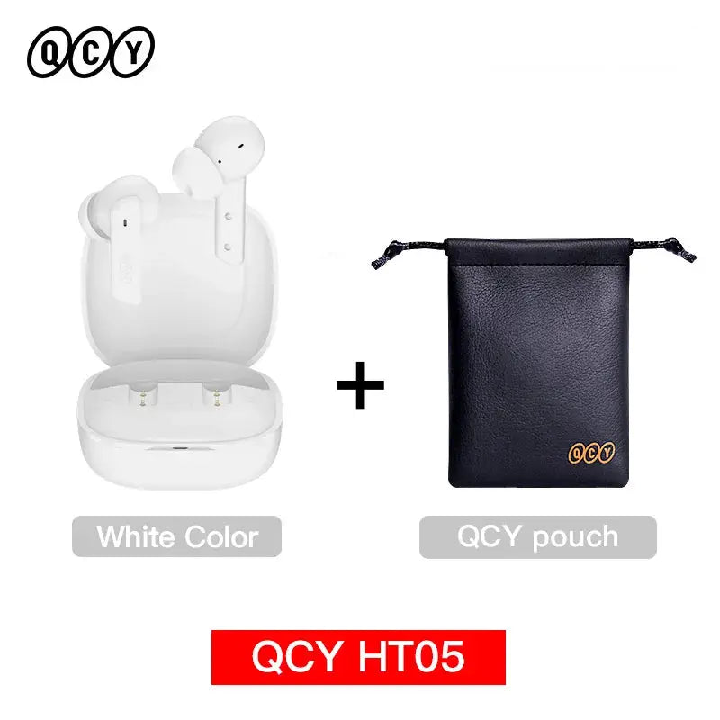 QCY HT05 ANC wireless earbuds with white charging case; includes a black QCY pouch, front view on white background.